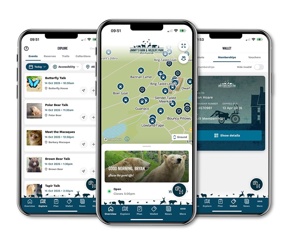 n-gage.io guest app screens showing daily talks, site mapping and the ticket wallet