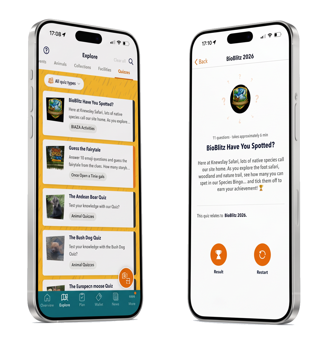 Two Knowsley Safari guest app screens showing the quiz library and BioBlitz quiz details