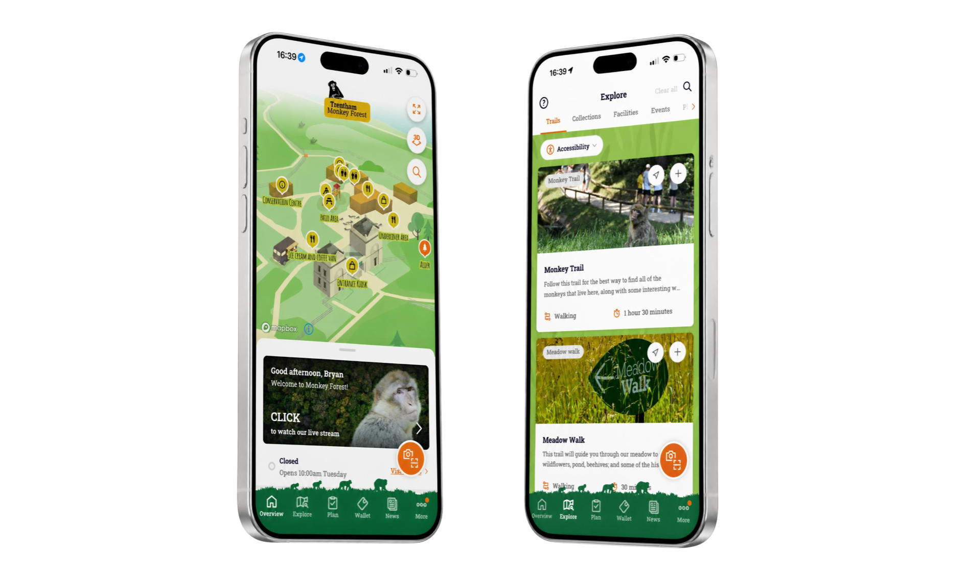 Two Trentham Monkey Forest guest app screens showing the interactive site map and the explore trails list