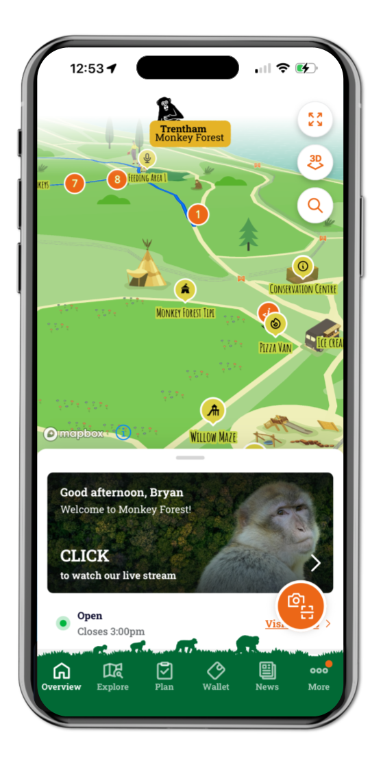 Trentham Monkey Forest guest app overview showing the interactive park map, live stream and visitor information