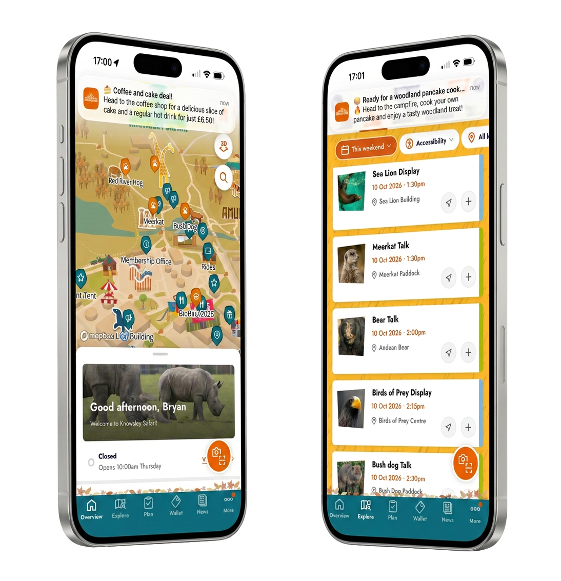 Two Knowsley Safari guest app screens showing a real-time offer notification and the live events schedule