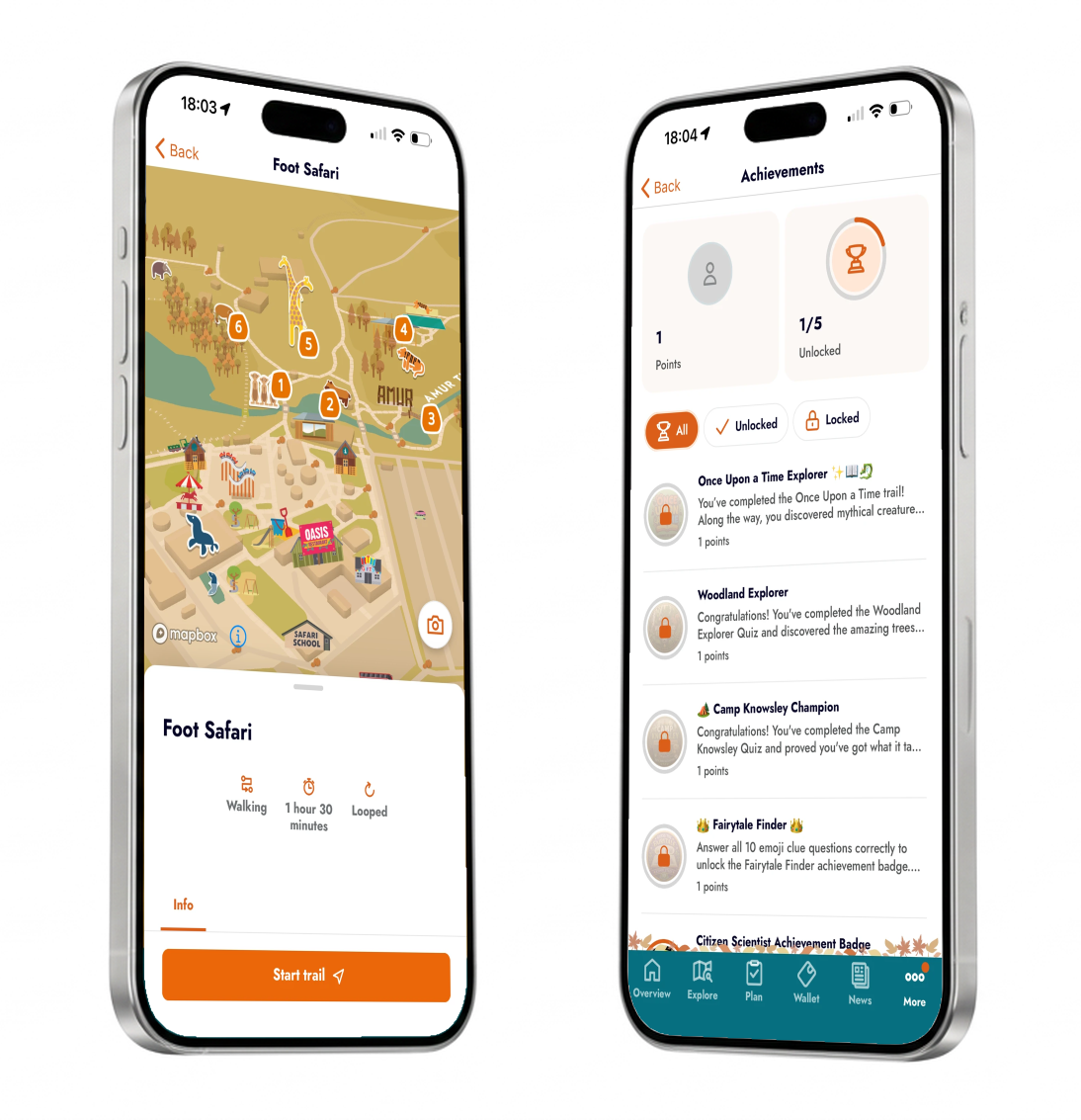 Two Knowsley Safari guest app screens showing the Foot Safari trail and visitor achievements