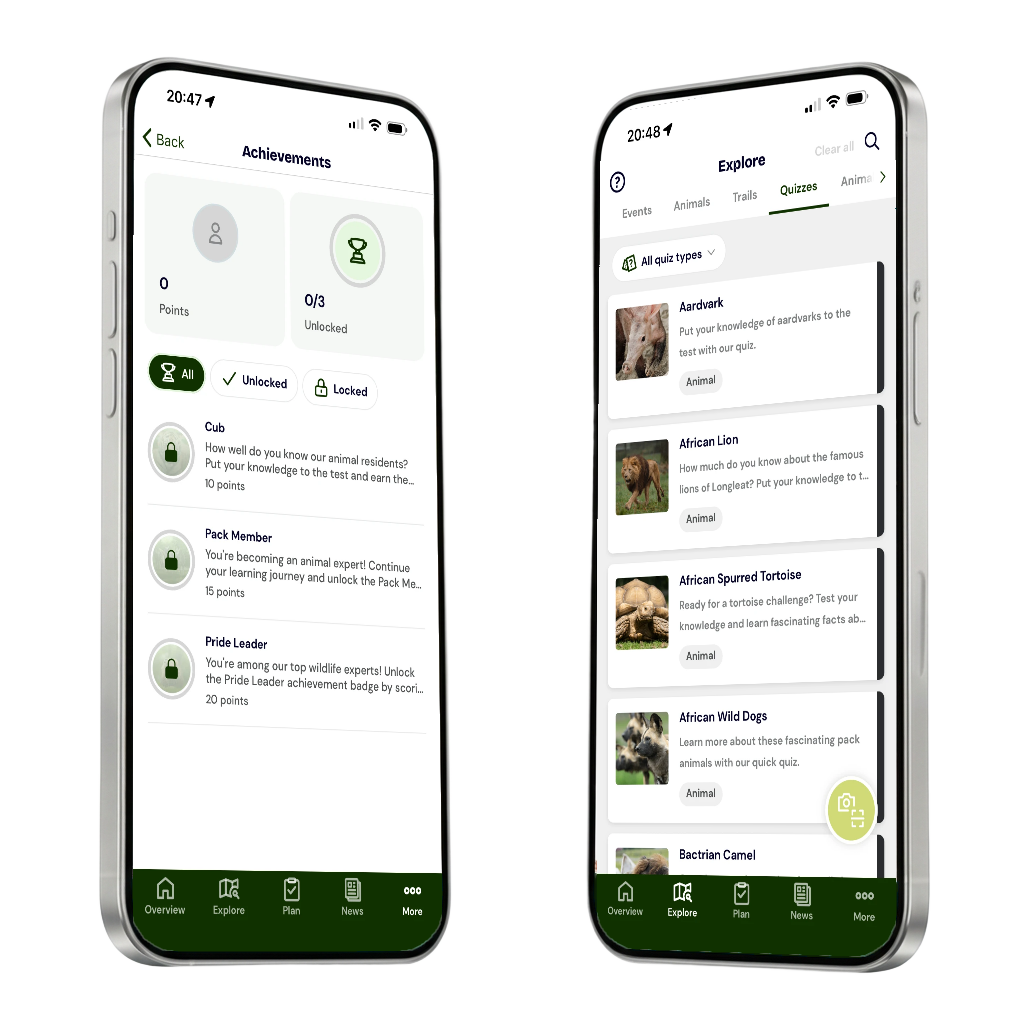 Two guest app screens showing the digital rewards achievements and the explore quizzes listing