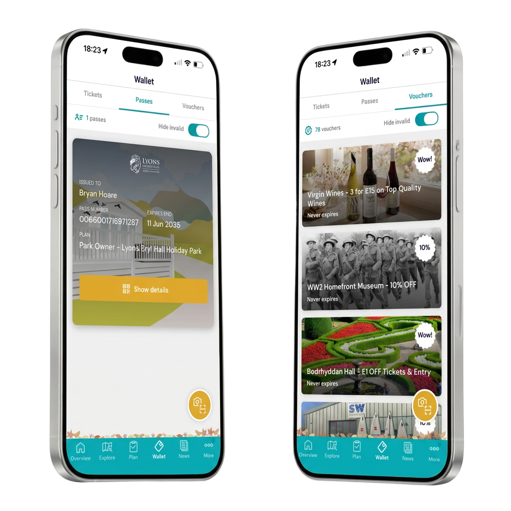 Two mobile wallet screens showing a Lyons Holiday Parks member pass and available visitor vouchers
