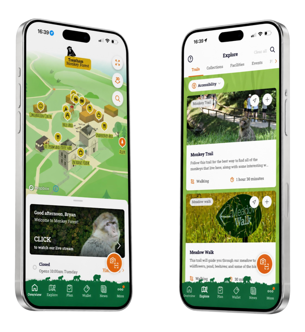 Two Trentham Monkey Forest guest app screens showing the interactive site map and the explore trails list