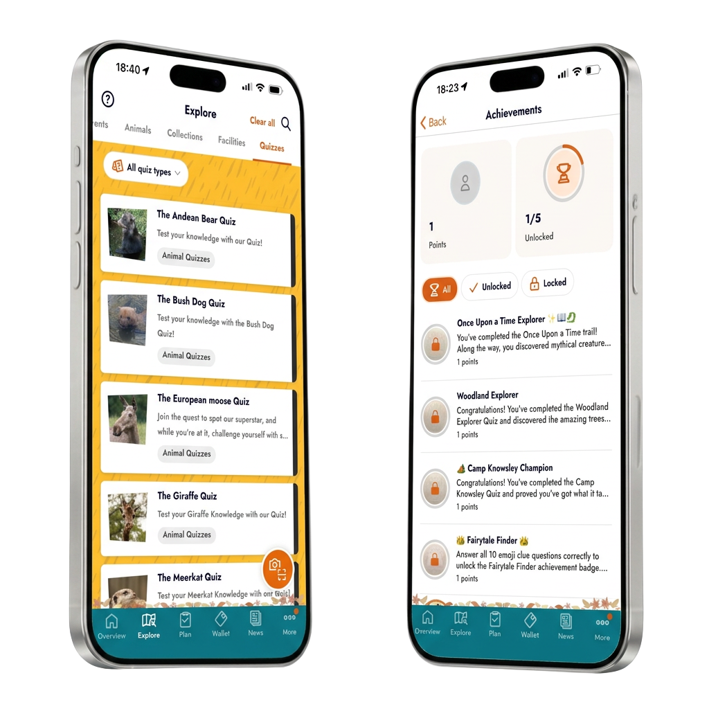Two guest app screens showing the quiz listing and visitor achievements