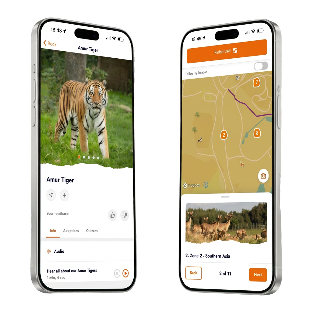 Two guest app screens showing Amur Tiger interpretation and an interactive trail map