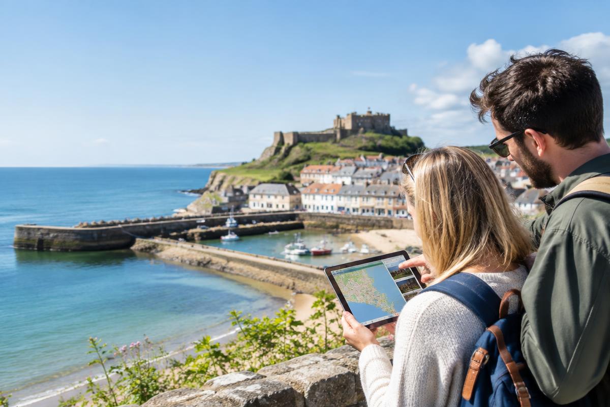 Visitors using a digital map overlooking a British coastal destination