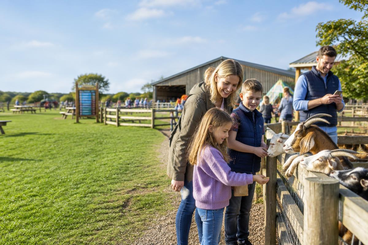 A family feeding goats at a British farm park
