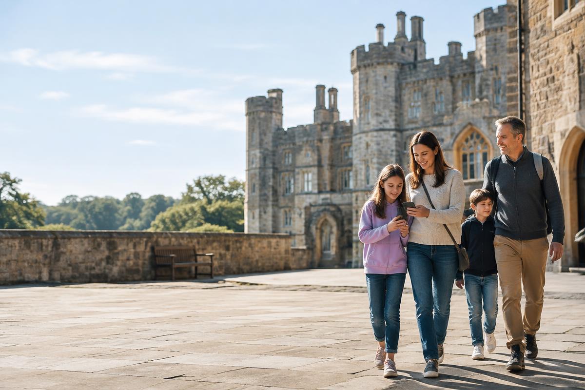 A family following a mobile trail at a British castle