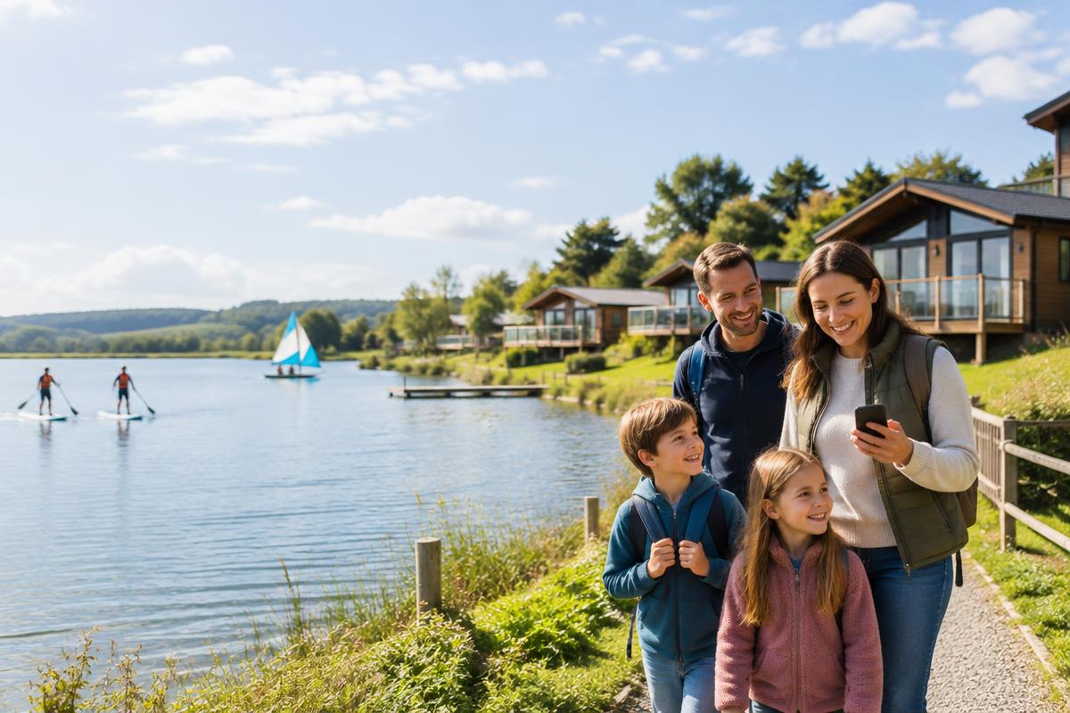 A family using a mobile itinerary at a British lakeside holiday park