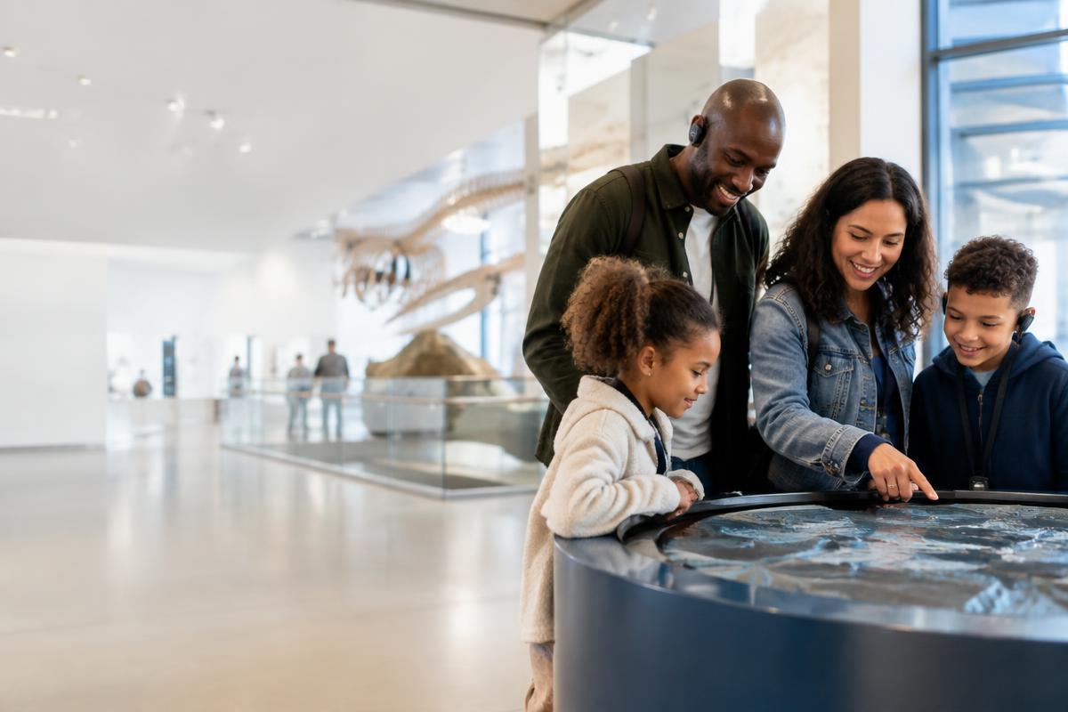 A family interacting with a digital exhibit in a modern museum