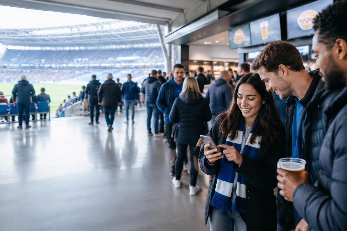 Supporters using a venue app in a British stadium concourse