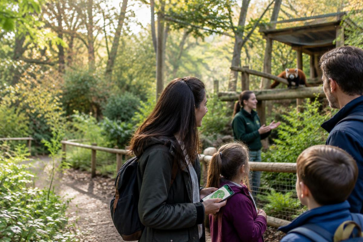 A family attending a keeper talk at a woodland wildlife park