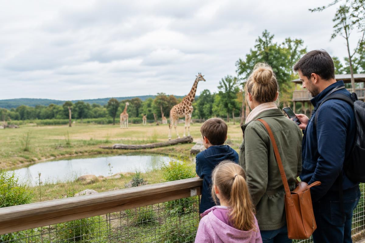 A family watching giraffes at a zoo while using a mobile guide